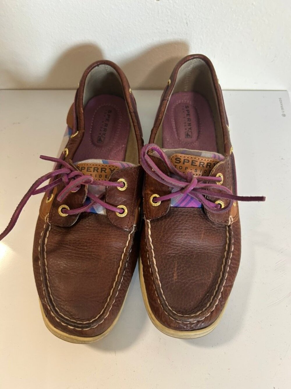 Sperry Top-Sider Plaid Boat Shoe Purple Brown Leather Loafer Womens 7.5M EUC
